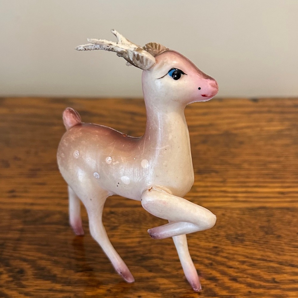 Vintage Blow Mold Deer Figurine Hong Kong Mid Century Christmas Fawn Blue Eyes